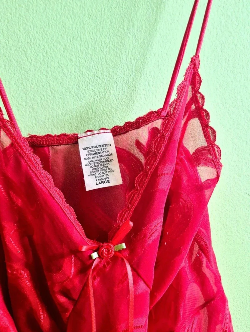 Vintage Red Heart Mesh Chemise – Lace Trim Sheer Night Slip - Picture 3 of 8